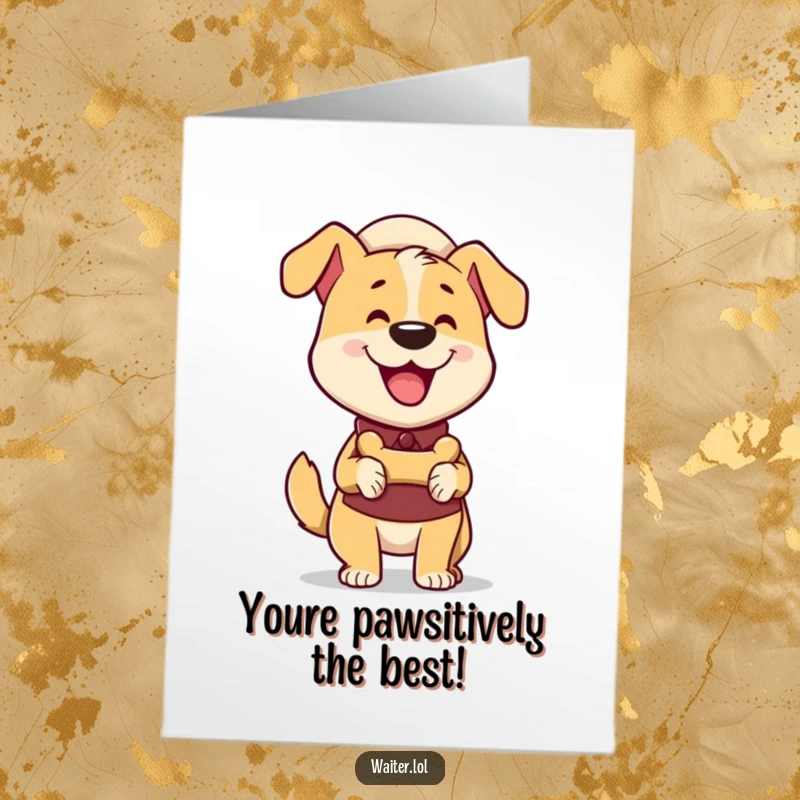 Funny free printable birthday card showcasing a happy dog waiter enthusiastically presenting a bone treat.