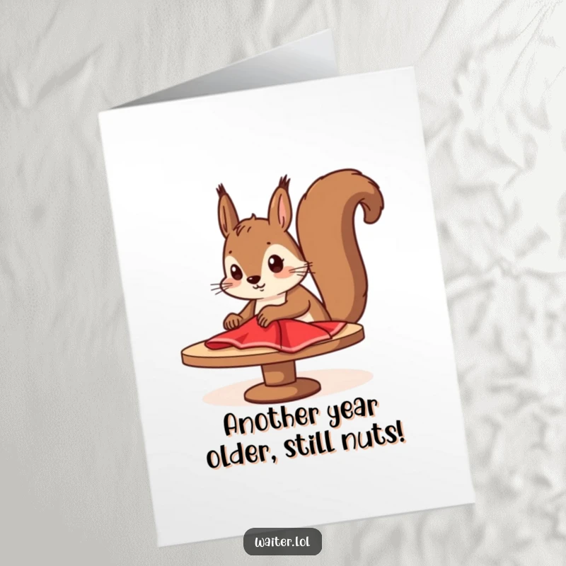 Funny free printable birthday card showing a determined cartoon squirrel diligently wiping a table with a bright red cloth.