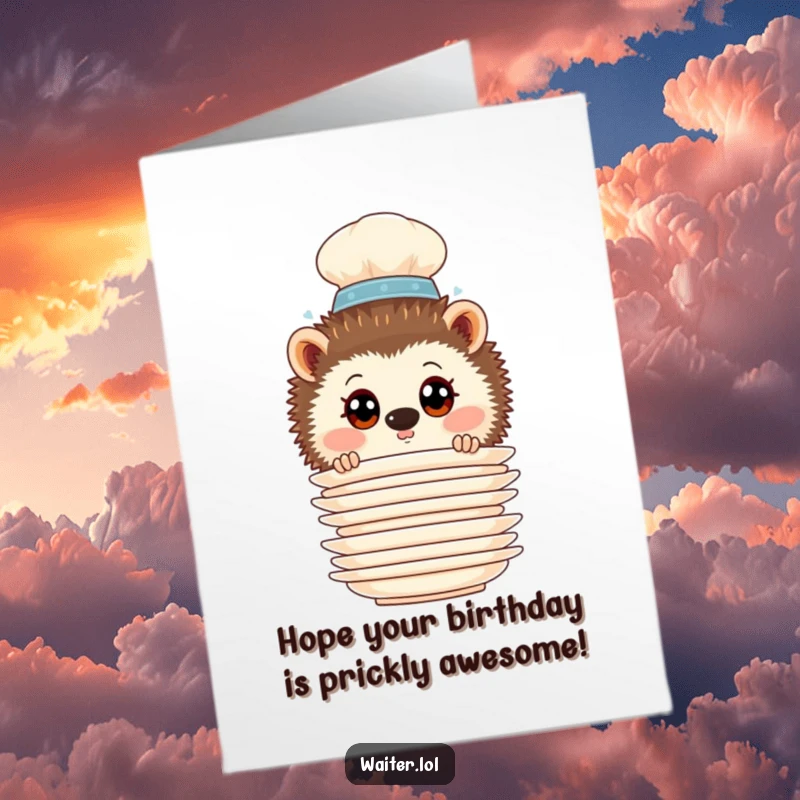 Funny free printable birthday card with a curious hedgehog waiter peeking from behind stacked plates.