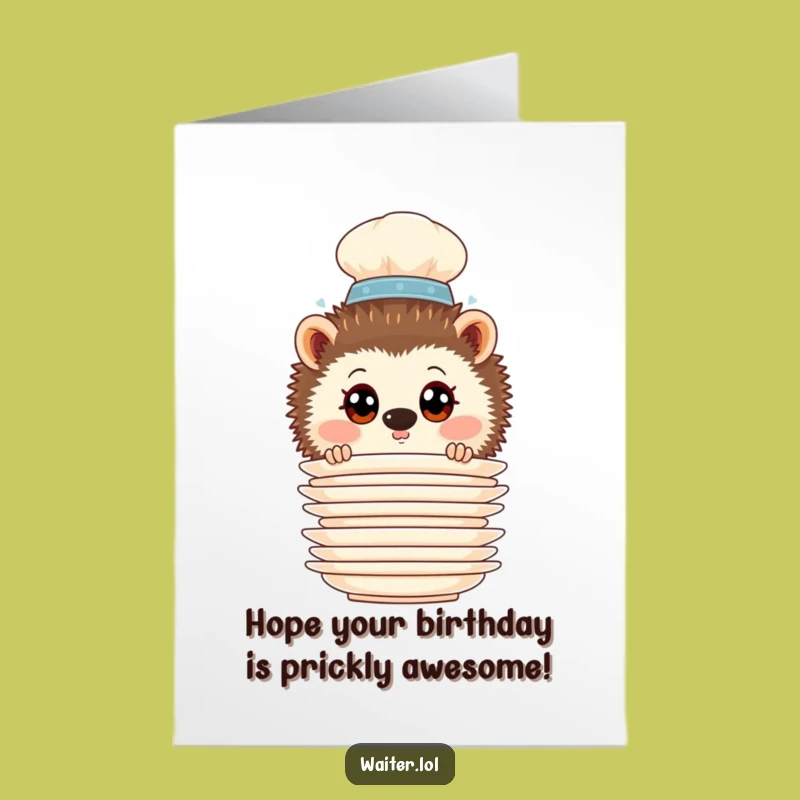 Free Printable Hedgehog Waiter Birthday Card - Curious Downloadable Greeting for a Stack of Fun