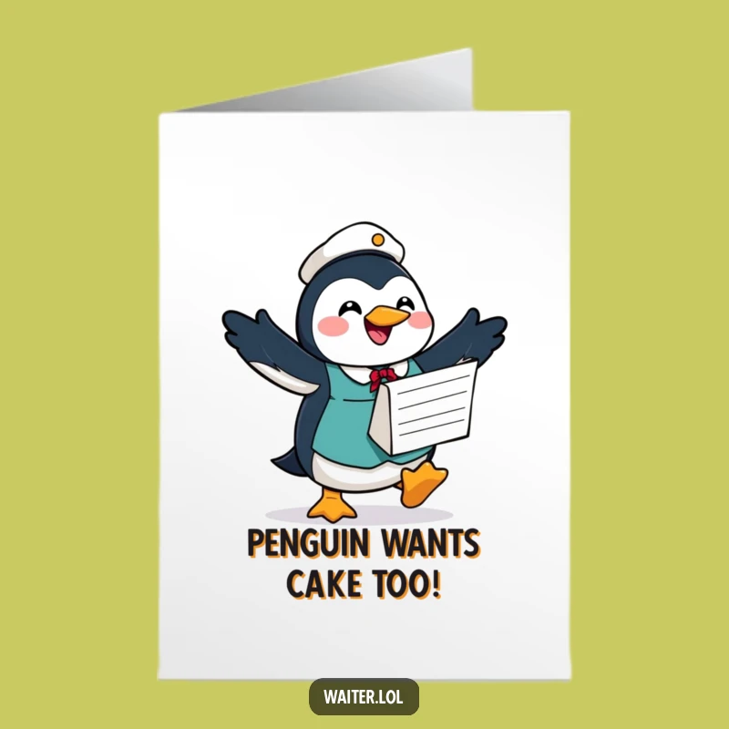 Free Printable Penguin Waiter Birthday Card - Funny Downloadable Gift for Him Her