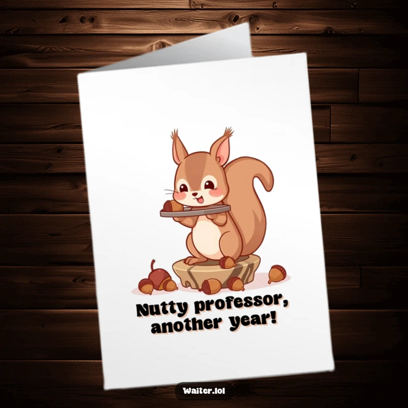 Funny Free Printable Squirrel Birthday Card: A clumsy squirrel drops acorns from a tray, mid-fall, spreading laughter.