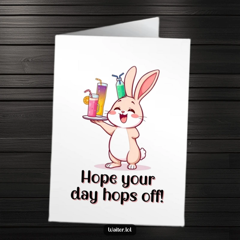 Funny Free Printable Birthday Card: A cheerful bunny wobbles with a towering tray of colorful drinks, wishing happy birthday with joy.