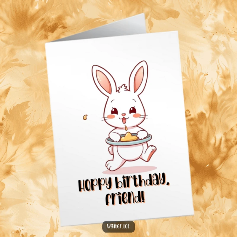 Funny free printable birthday card of a playful bunny hopping with a tray, artfully containing a single spill, bringing birthday cheer.
