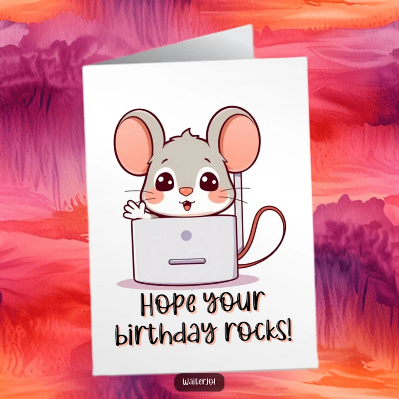 Funny free printable birthday card featuring a surprised cartoon mouse popping out from behind a napkin dispenser with a friendly welcoming gesture.