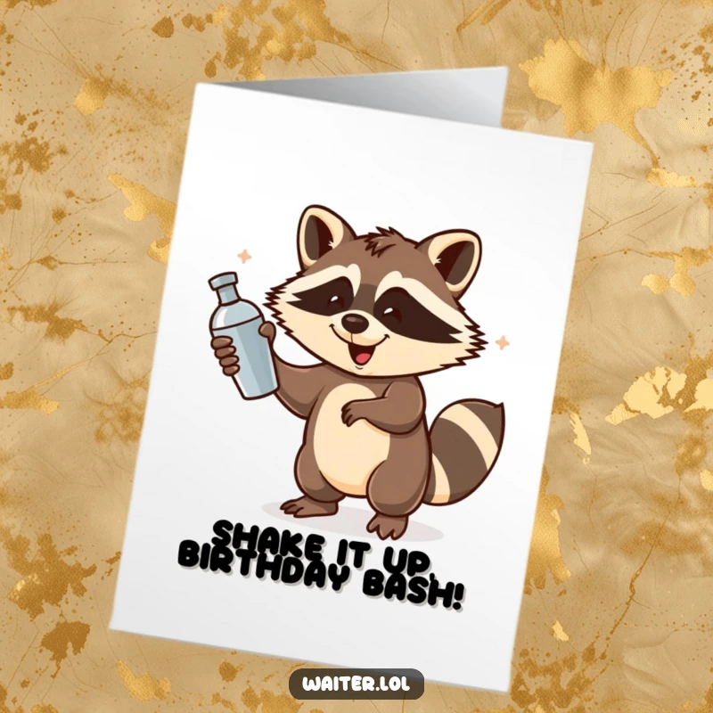 Funny Free Printable Birthday Card: A playful raccoon energetically spins a cocktail shaker, perfect for a fun birthday bash invitation.