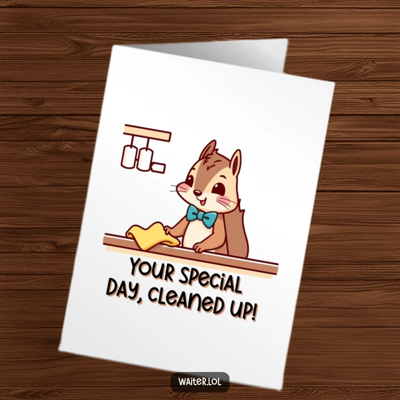 Funny Free Printable Birthday Card: A squirrel in a bowtie politely wipes a counter, adding a clean touch of humor to birthday wishes.