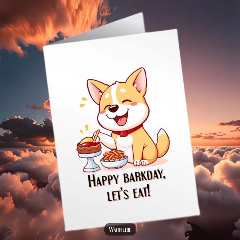 Funny Free Printable Birthday Card: A happy dog enthusiastically points to a yummy menu item, perfect for a foodie's birthday.