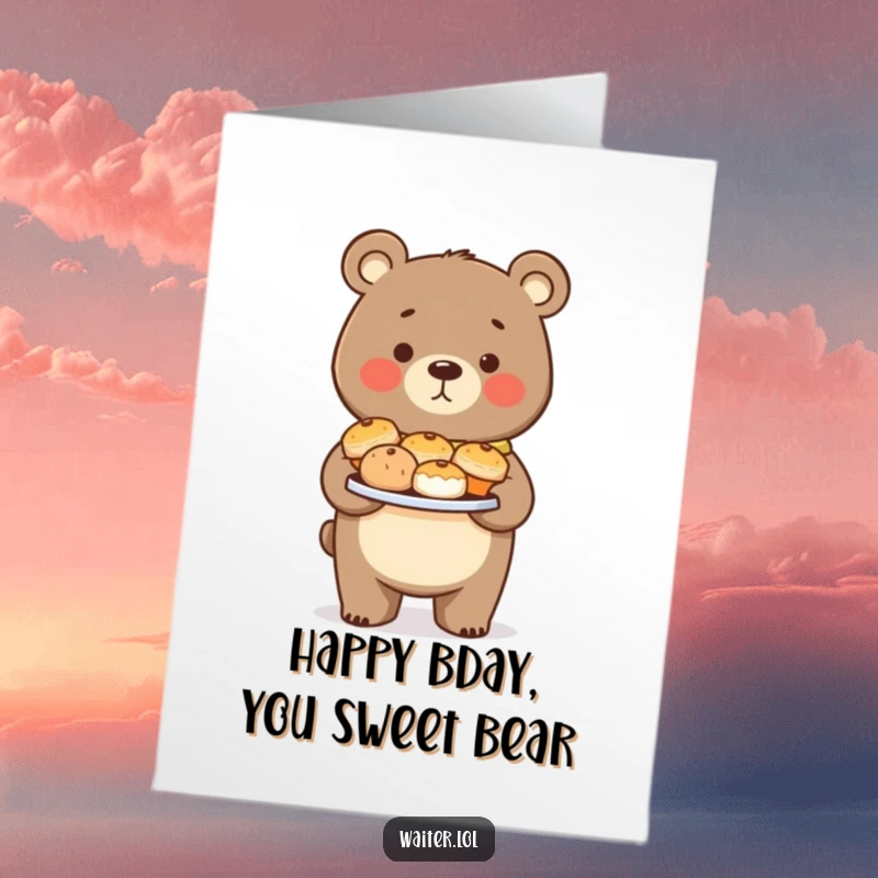 Funny Free Printable Birthday Card featuring a proud bear carefully carrying a plate of delicious pastries, ready to celebrate.