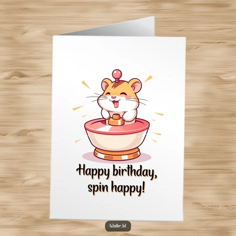 Funny Free Printable Birthday Card: A giggling hamster spinning a lazy susan at lightning speed with sheer delight.