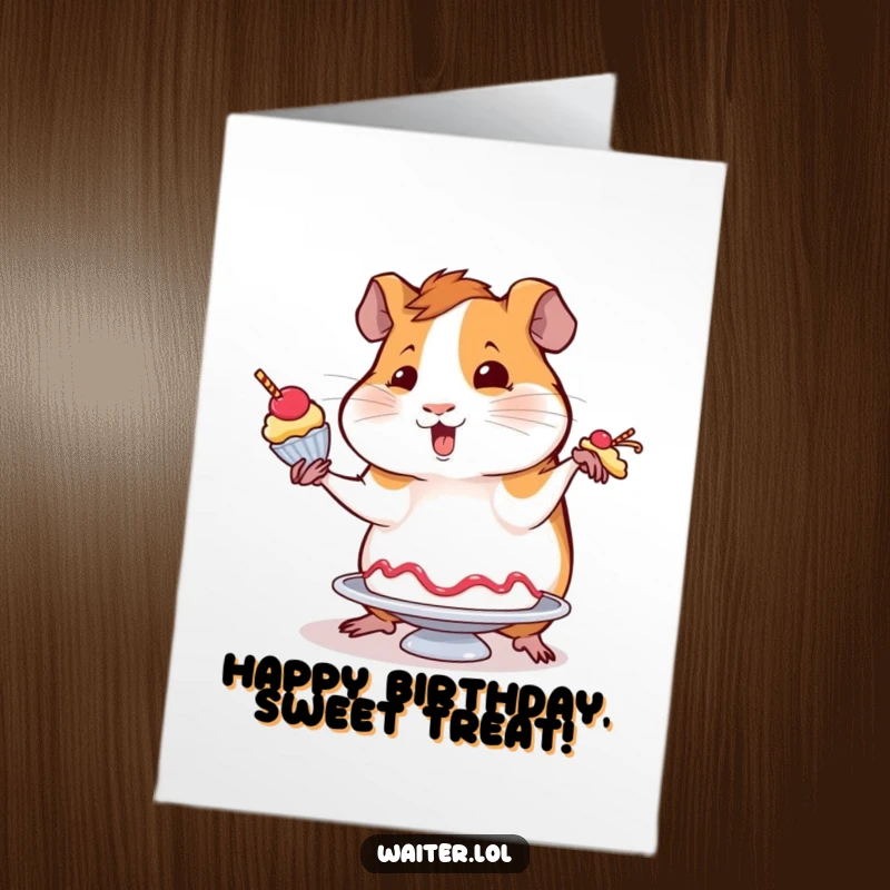 Funny Free Printable Birthday Card: Wobbly guinea pig attempting to balance a dessert with flair, downloadable gift.