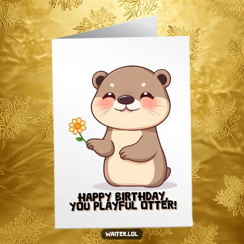 Free Printable Birthday Card: A giggling otter presents a tiny flower with a playful flourish, adding joy to the celebration.