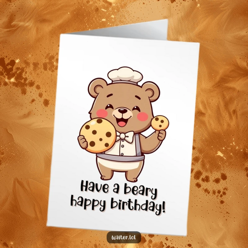 Funny Free Printable Birthday Card: Smiling bear waiter in bowtie proudly presents a giant cookie.