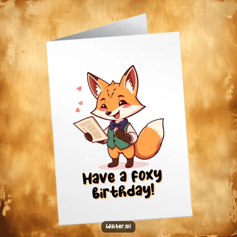 Funny Free Printable Birthday Card showing a playful fox waiter with a flourish, offering a menu and a mischievous twinkle, ready to serve joy.