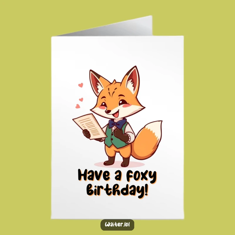 Free Printable Birthday Card: Playful Fox Waiter Funny Downloadable Gift for a Snappy Celebration