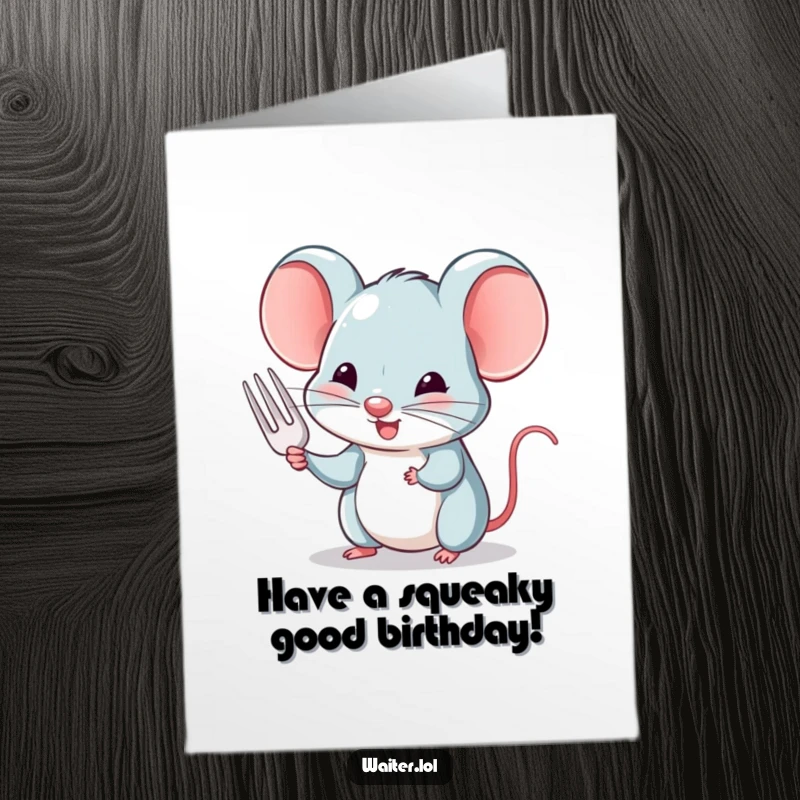 Funny free printable birthday card featuring a charming mouse politely offering a tiny fork with a gentle nod of goodwill.