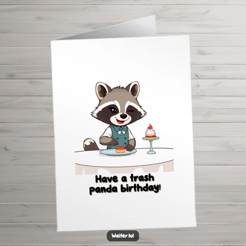 Funny free printable birthday card featuring a winking raccoon waiter elegantly sliding a dessert.
