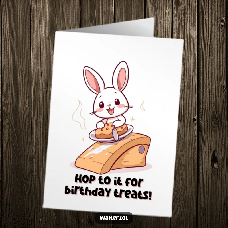 Funny Free Printable Birthday Card: A cheerful bunny skillfully slides a steaming plate down a ramp, delivering birthday cheer.