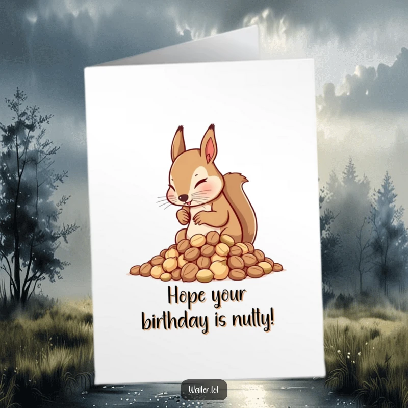 Funny free printable birthday card showing a determined squirrel waiter meticulously stacking nuts.