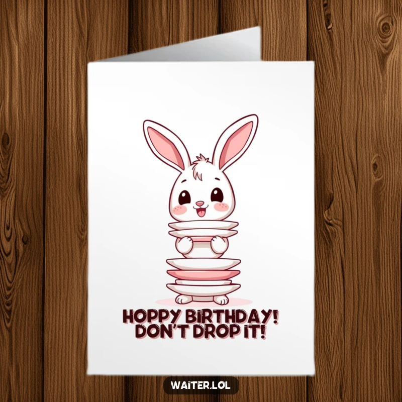 Funny free printable birthday card: a happy bunny with wobbly ears attempts to balance a very tall stack of plates.
