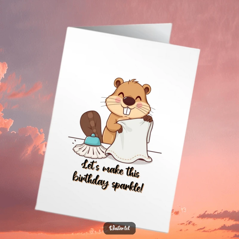 Funny Free Printable Birthday Card: A determined beaver vigorously scrubs a table clean with a large cloth, ready for celebration.