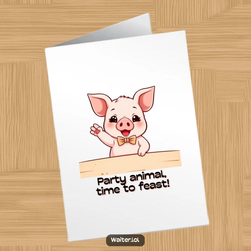 Funny Free Printable Birthday Card: Dapper piglet in a bowtie enthusiastically gestures to a celebratory table, perfect for a humorous greeting.