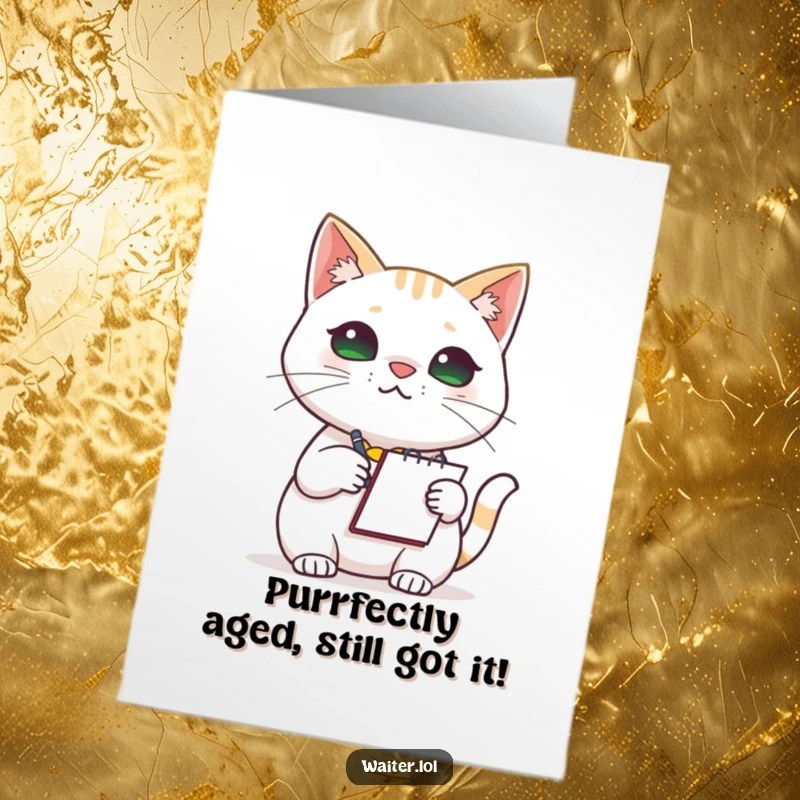 Funny Free Printable Birthday Card of a polite cat in a barista apron taking an order with a notepad.