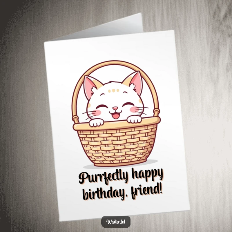 Funny Free Printable Birthday Card: Smiling cat peeking out from behind a napkin basket, playful downloadable gift.