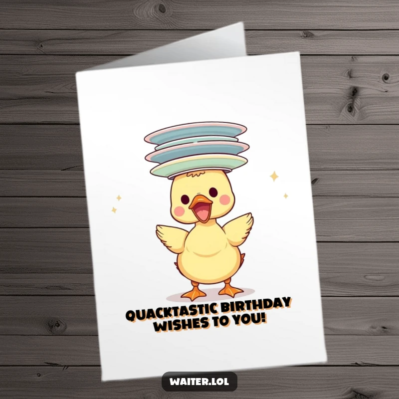 Funny Free Printable Birthday Card featuring a gleeful duckling balancing a precarious stack of plates on its head, perfect for happy wishes.