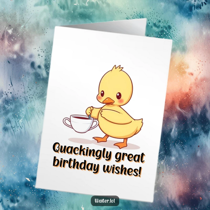 Funny Free Printable Birthday Card: Determined duckling carefully carrying a single teacup, perfect for a downloadable gift.