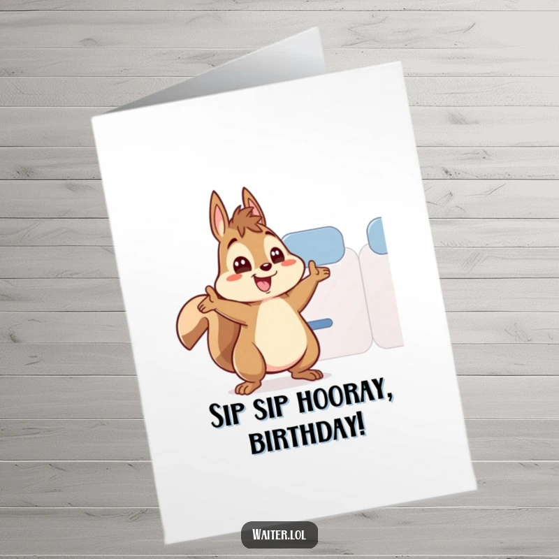 Funny free printable birthday card: an energetic squirrel refills a teacup with wide-eyed enthusiasm.