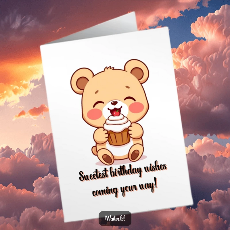 Funny free printable birthday card featuring a delighted cartoon bear cub beaming as it presents a single perfect cupcake.