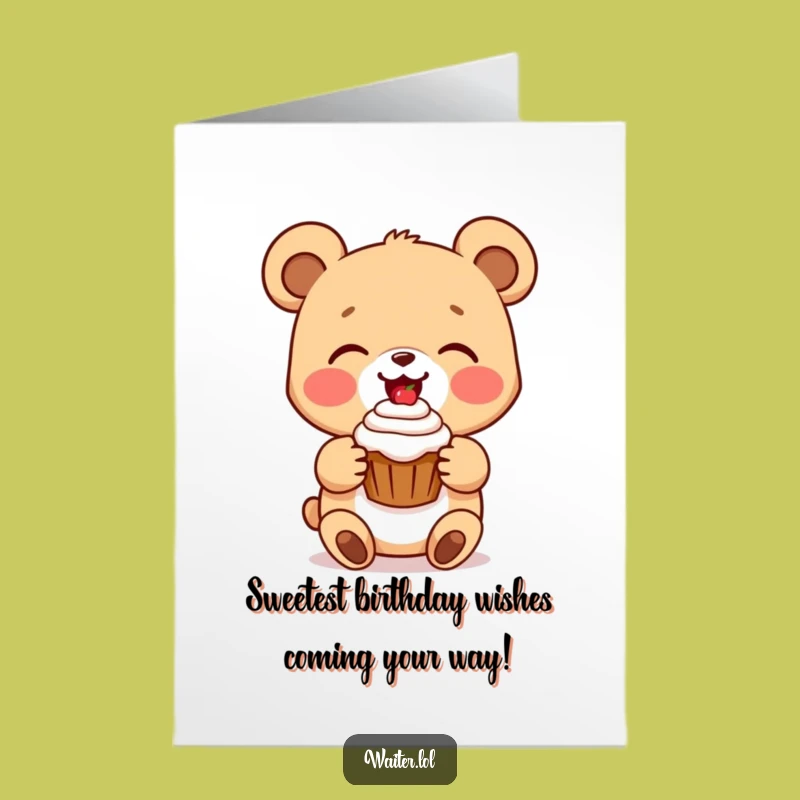 Free Printable Funny Bear Birthday Card: Sweet Cub with Cupcake, Downloadable Joyful Gift