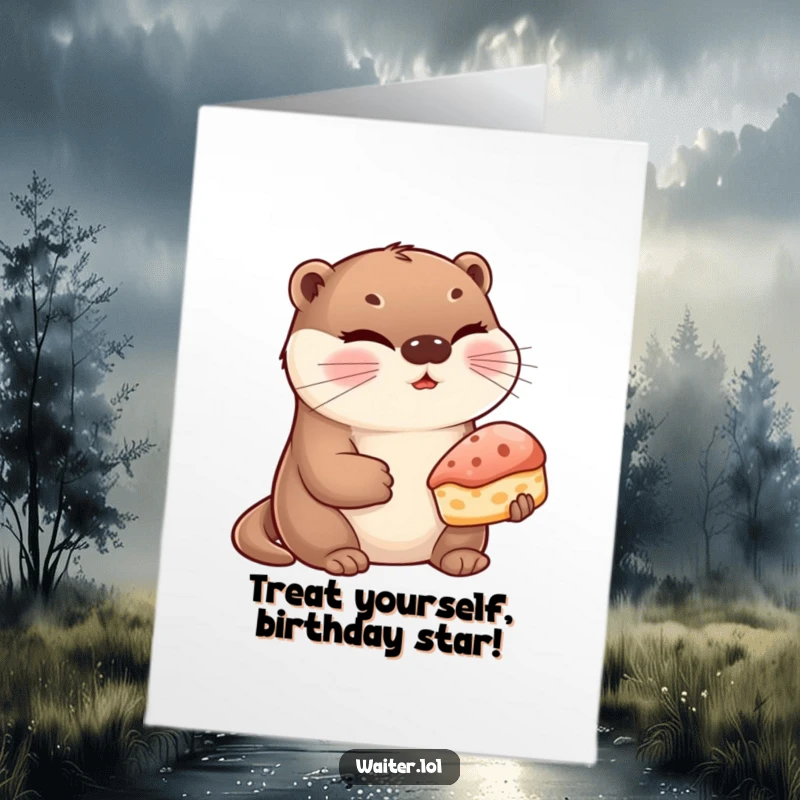 Funny Free Printable Birthday Card: A cute otter winks while presenting a delicious pastry, a sweet and humorous birthday greeting.