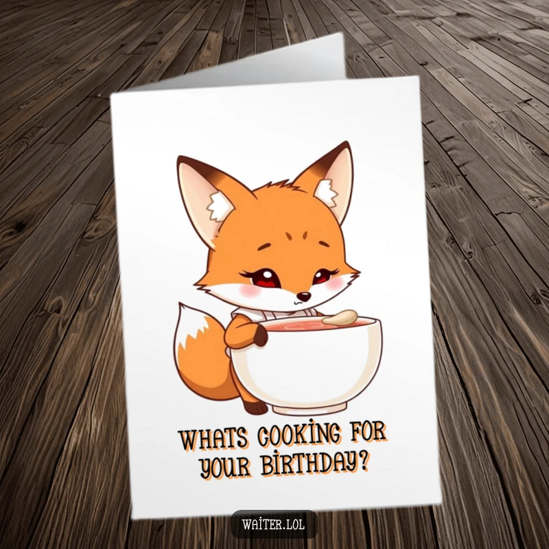 Funny free printable birthday card featuring a curious cartoon fox in an apron peering into a steaming bowl with an intrigued expression.