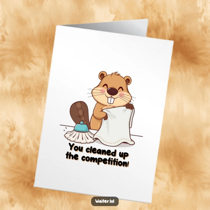 Funny Free Printable Congratulations Card: A determined beaver vigorously wipes a table, symbolizing a clean victory and success.