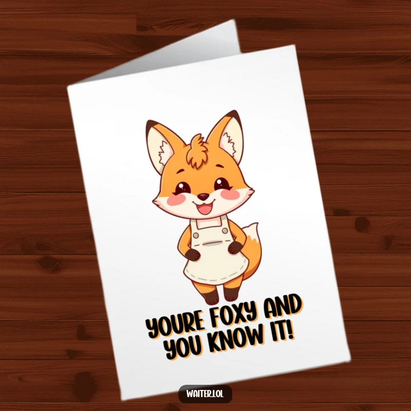 Funny Free Printable Congratulations Card: A smiling fox in an apron celebrating success with enthusiasm.