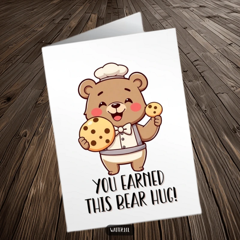 Funny Free Printable Congratulations Card: Proud bear waiter in bowtie offers a giant cookie with a smile.