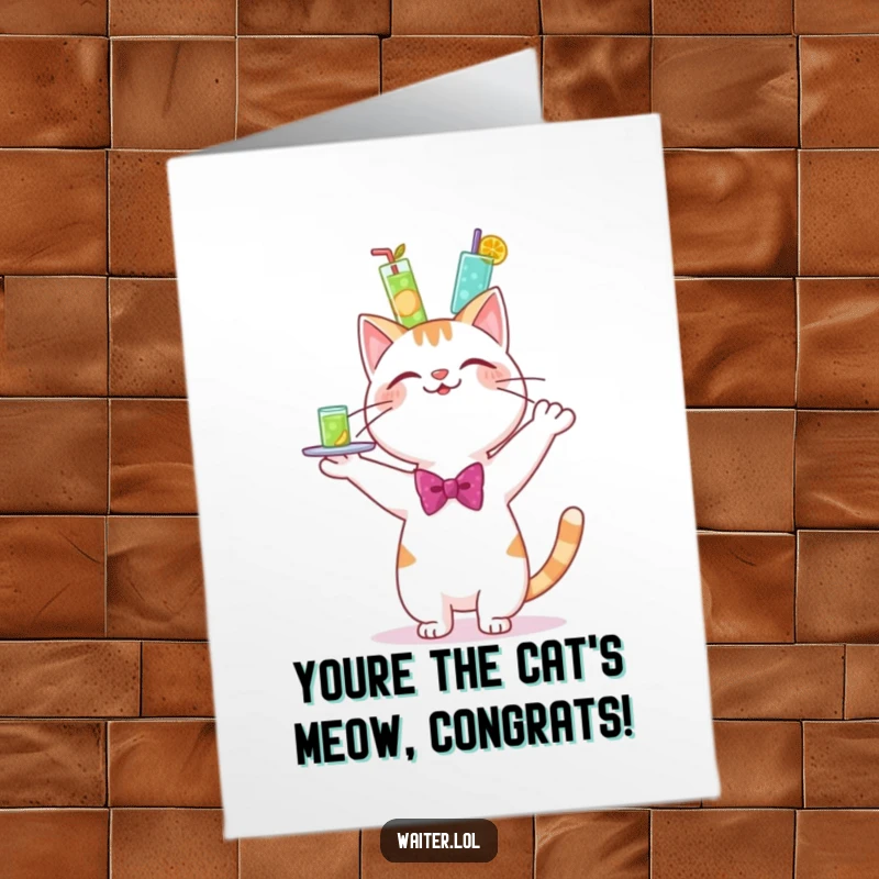 Funny Free Printable Congratulations Card: Cheerful cat in bowtie precariously balances drinks, celebrating success with a happy wobble.
