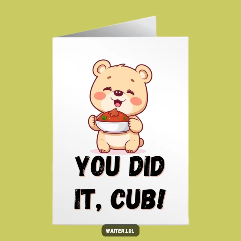 Free Printable Congrats Card: Bear Cub's Proud Dish for Your Big Win Funny Downloadable