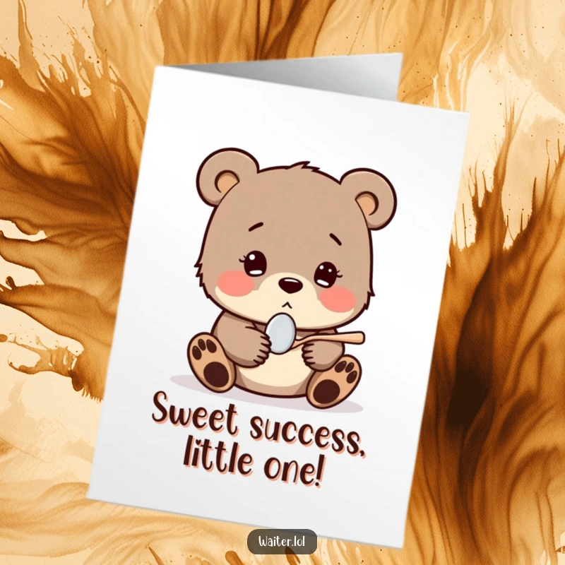 Funny Free Printable Congratulations Card: A shy bear cub with a hopeful look offers a tiny spoon, celebrating success with a sweet, earnest gesture.