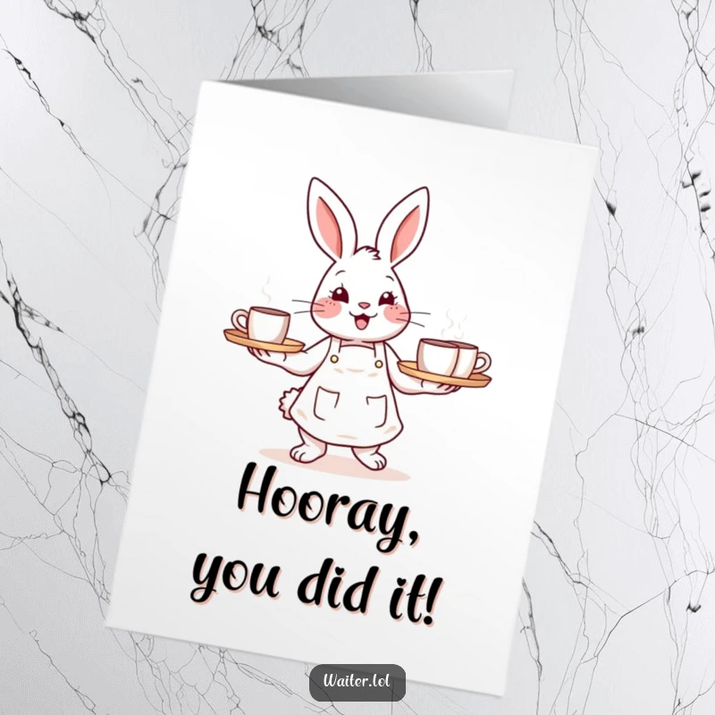 Funny free printable congratulations card with a happy bunny in an apron carrying a tray of steaming coffee mugs.