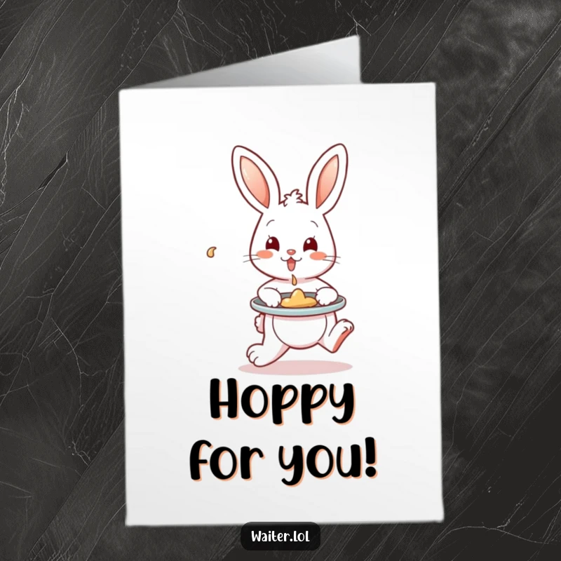 Free printable congratulations card featuring a playful bunny hopping with a tray, meticulously containing a single spill, celebrating careful success.