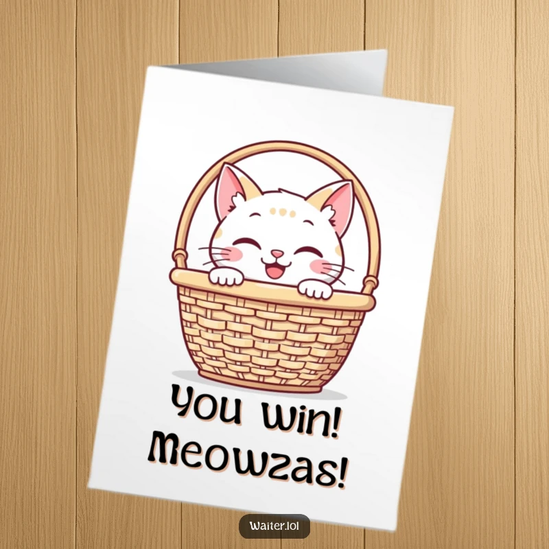 Funny Free Printable Congrats Card: Smiling cat peeking out from behind a napkin basket, secretive and cute, downloadable art.