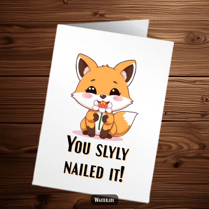 Funny free printable congratulations card featuring a beaming fox presenting a beautiful, single flower with great pride.