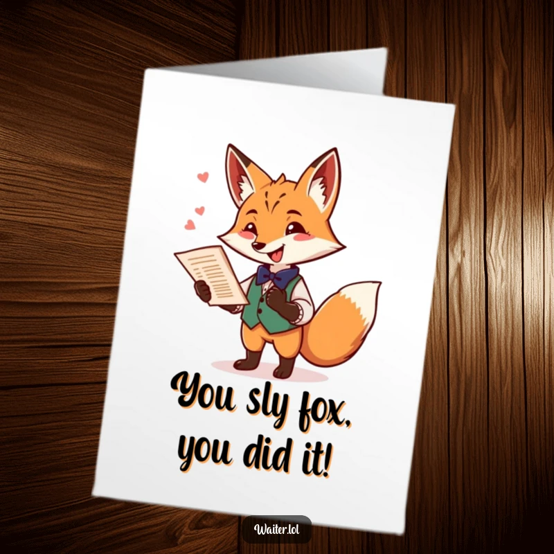 Funny Free Printable Congratulations Card featuring a playful fox waiter with a flourish and a menu, winking with a mischievous twinkle.
