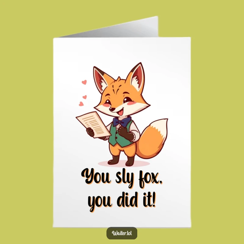 Free Printable Congrats Card: Fox Waiter Funny Downloadable for Your Winning Moments