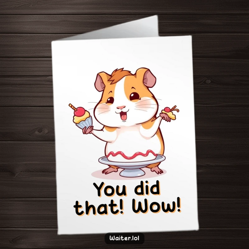 Funny Free Printable Congrats Card: Wobbly guinea pig attempting to balance a dessert with flair, a triumphant moment, downloadable art.