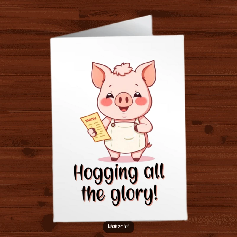 Funny Free Printable Congrats Card with a smiling pig in an apron holding a menu, celebrating good news.