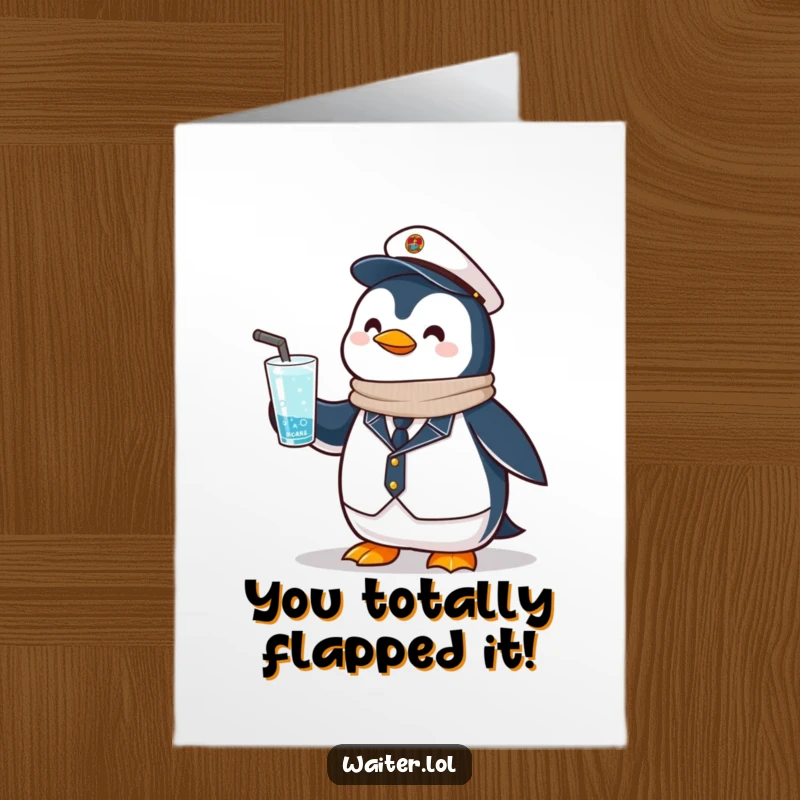 Funny Free Printable Congrats Card with a proud penguin in uniform offering a frosty drink, celebrating achievements.